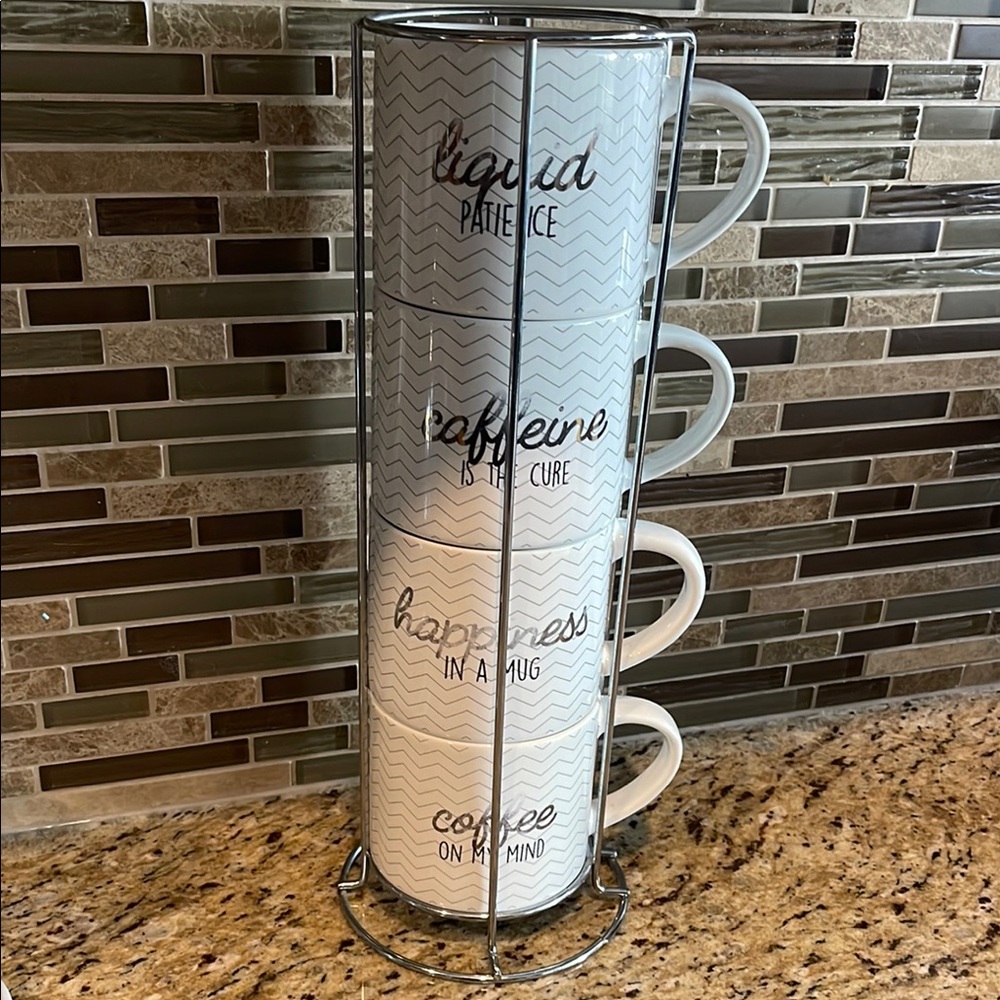 Stackable White Coffee Mug Set with Stand